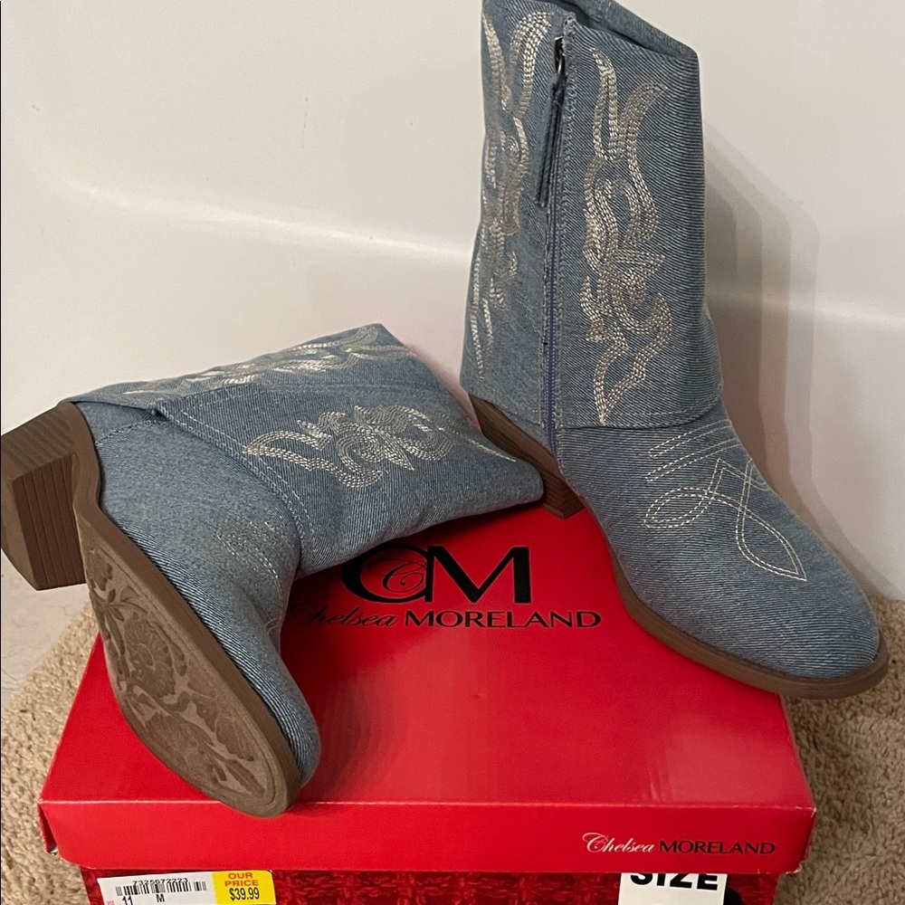 Chelsea Moreland Blue Heeled Boots